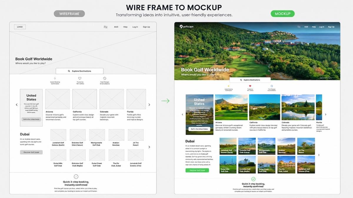 Golfscape admin and member dashboard wireframe and mockup