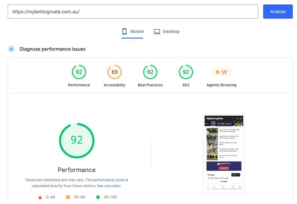 MyBettingMate PageSpeed Insights score